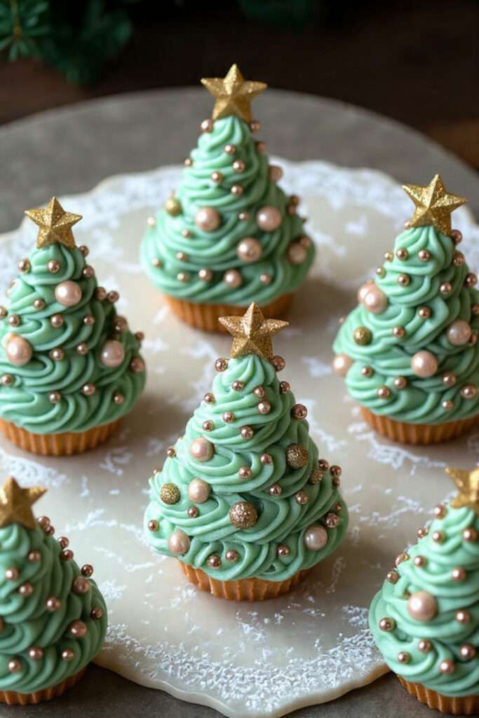 Cupcakes sapin de Noël décorés avec un glaçage vert en forme de sapin et des perles de sucre brillantes.