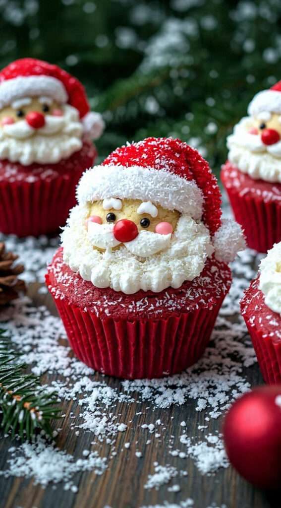 Cupcakes Père Noël décorés avec glaçage blanc, bonnet rouge et barbe en crème, recette Cupcakes Père Noël.
