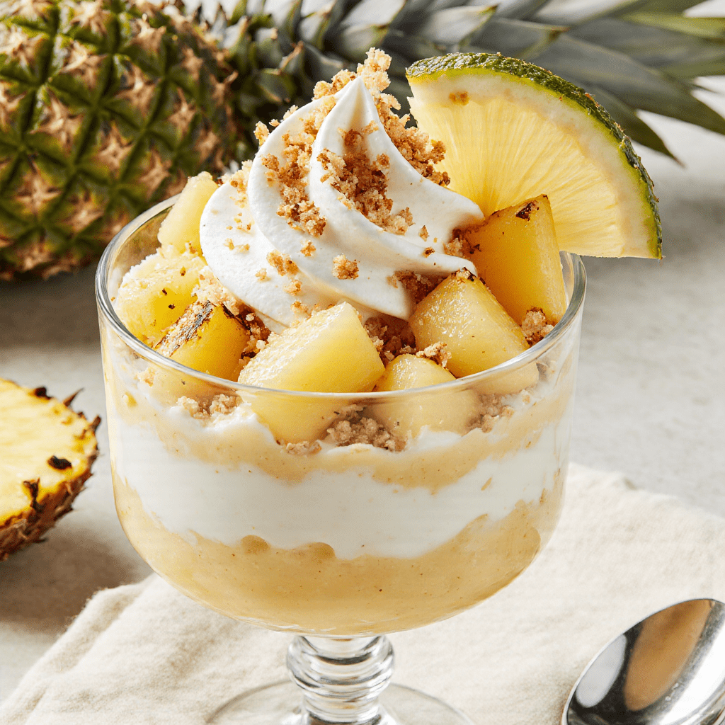 Verrines de dessert coco-ananas façon Piña Colada avec noix de coco grillée.