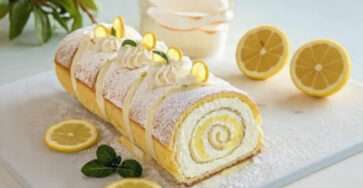 Bûche citron mascarpone roulée, décorée de zestes de citron et crème au mascarpone