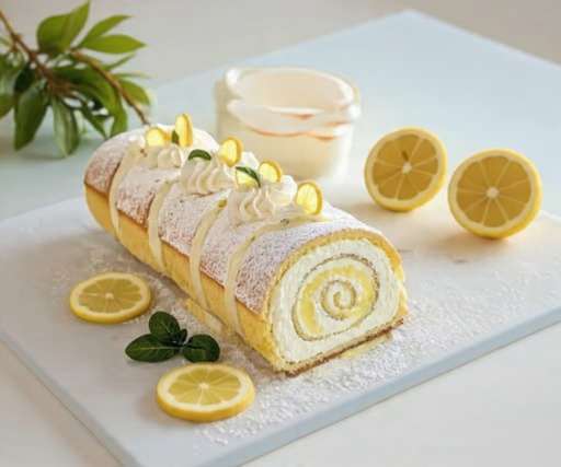Bûche citron mascarpone roulée, décorée de zestes de citron et crème au mascarpone