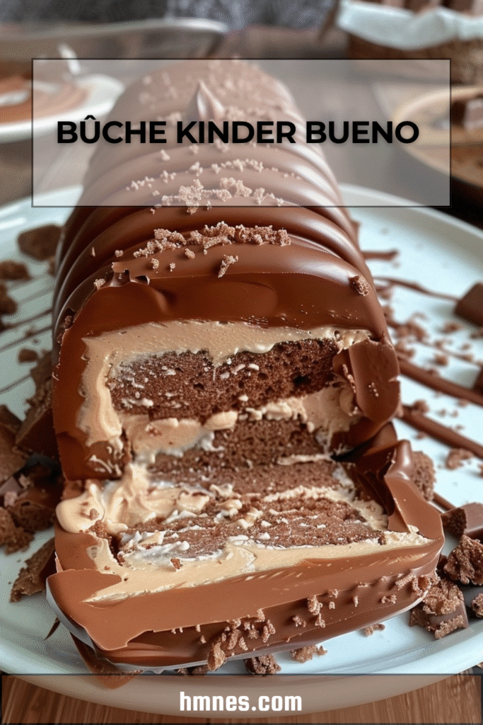 Bûche Kinder Bueno roulée au chocolat avec ganache crémeuse et décoration aux noisettes.