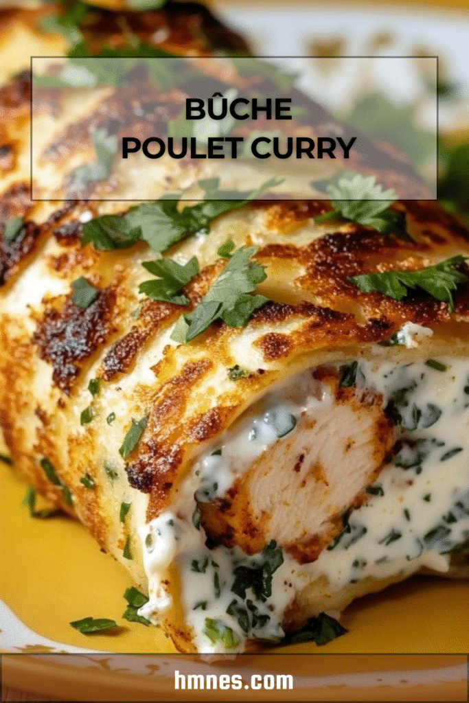 bûche poulet curry salée roulée garnie de poulet au curry et fromage frais sur plat de fête