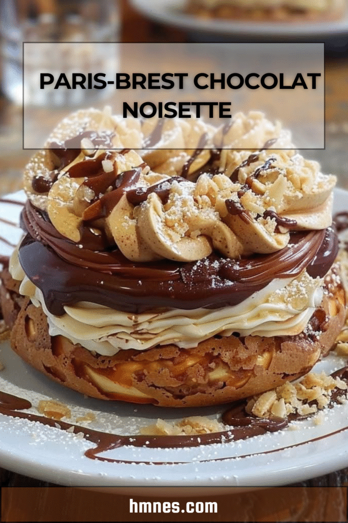 Paris-Brest chocolat noisette maison en couronne, garni de ganache au chocolat noir et noisettes sur plat de dessert élégant.
