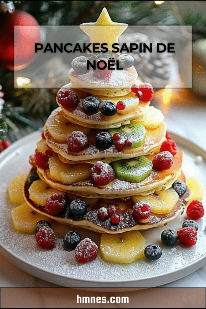 Pancakes sapin de Noël empilés avec fruits rouges et bananes, décorés de sucre glace et d’une étoile au sommet sur une assiette de fête.