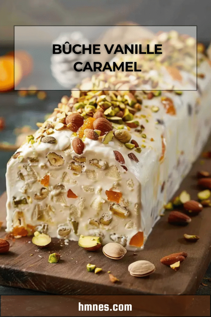 Tranche de nougat glacé maison aux fruits secs, parsemée d’amandes caramélisées, pistaches et abricots, servie avec un coulis de fruits rouges sur une assiette de fête.