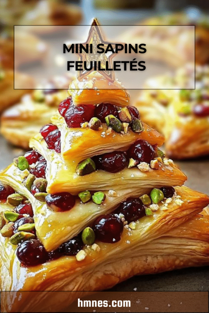 Mini sapins feuilletés dorés garnis de camembert, canneberges et pistaches, présentés sur un plateau en apéritif festif de Noël.