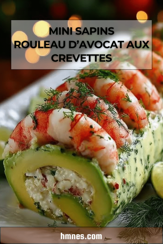 Rouleau d’avocat aux crevettes tranché en rondelles, garni de fromage frais et d’aneth, présenté sur un plat de service en entrée froide raffinée.