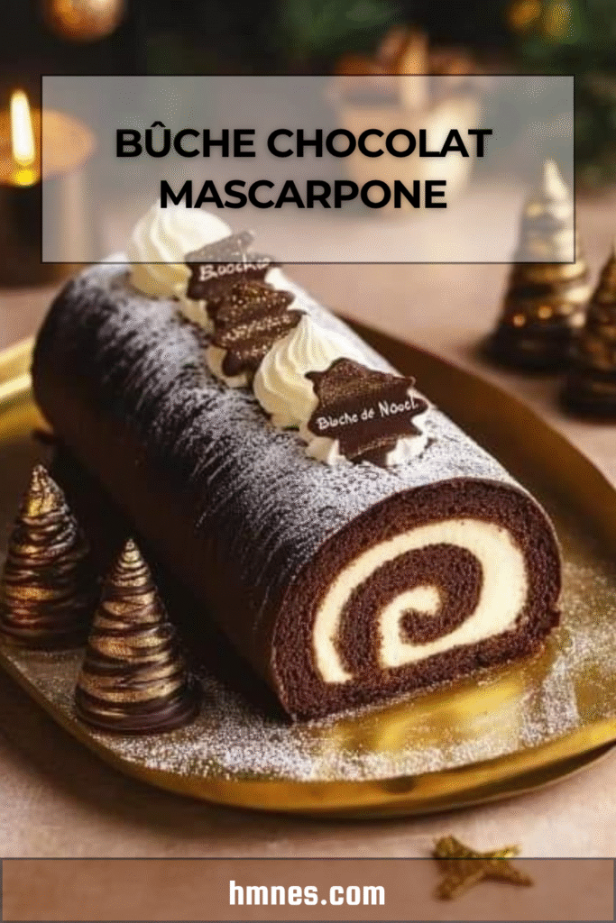 Bûche chocolat mascarpone roulée garnie de crème vanille et recouverte de ganache brillante.v