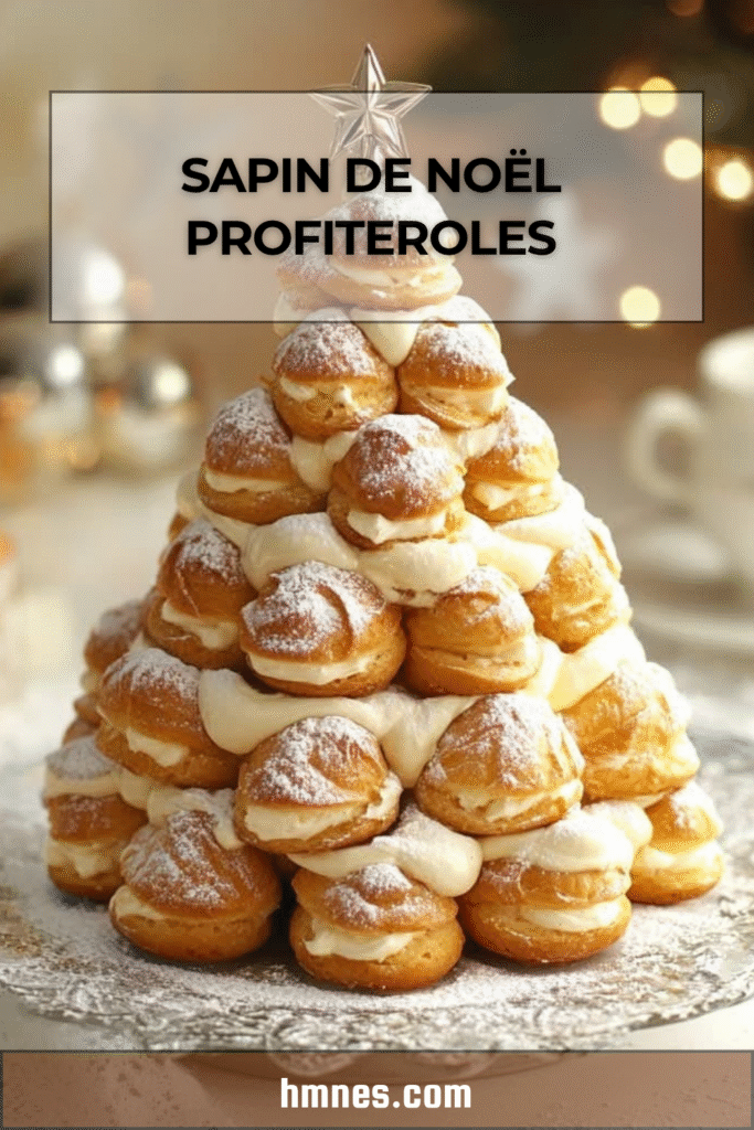 Sapin de Noël profiteroles monté en pyramide de choux garnis et décoré de chocolat et sucre glace.