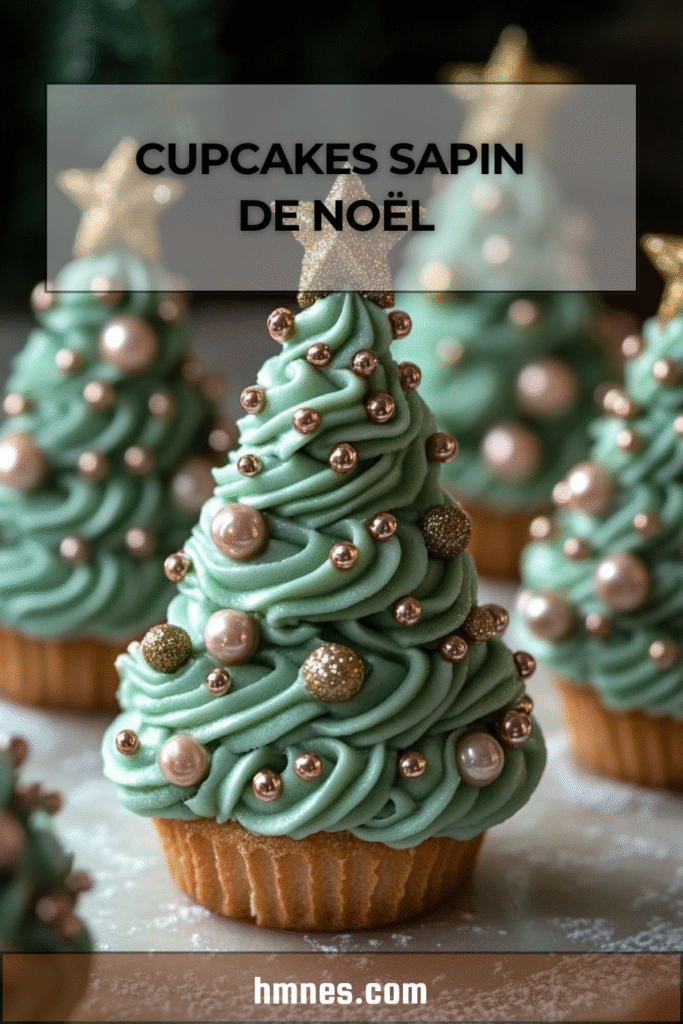 Cupcakes sapin de Noël décorés avec un glaçage vert en forme de sapin et des perles de sucre brillantes.