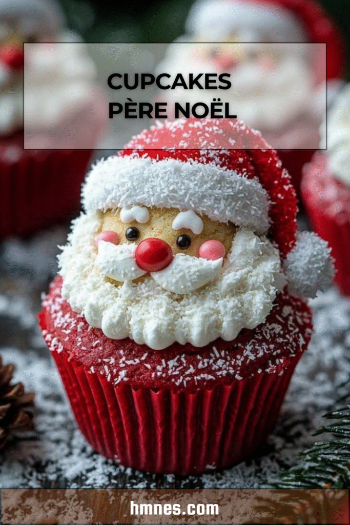 Cupcakes Père Noël décorés avec glaçage blanc, bonnet rouge et barbe en crème, recette Cupcakes Père Noël.