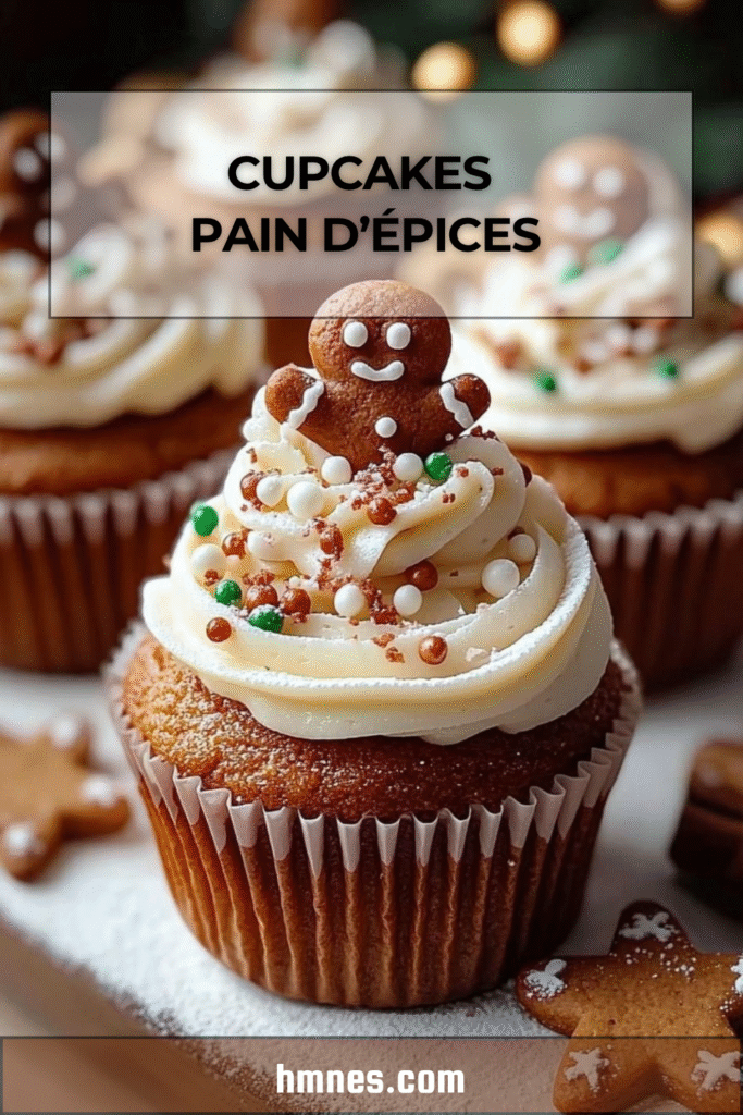 Cupcakes pain d’épices décorés avec un glaçage cream cheese et des décorations de Noël.