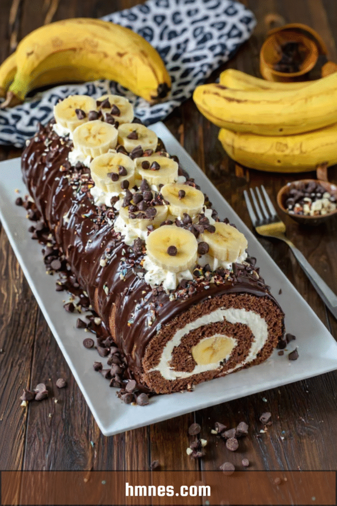 Bûche roulée chocolat banane avec glaçage brillant et décor de rondelles de banane