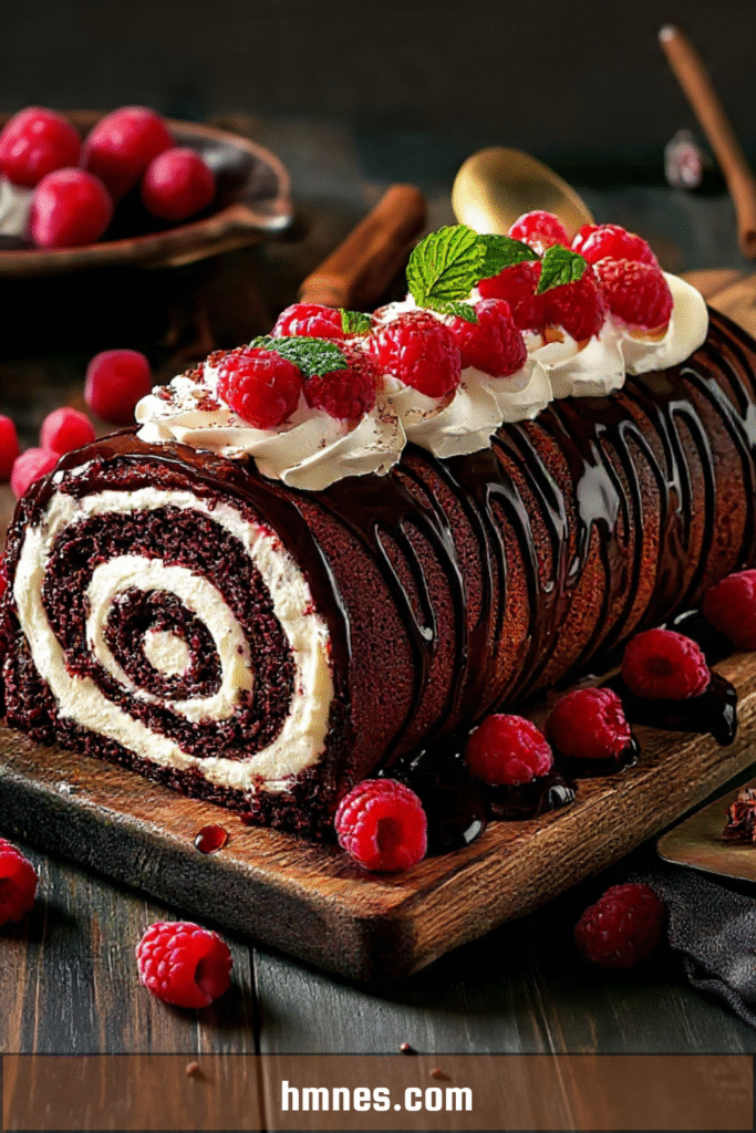 Bûche chocolat framboise décorée de framboises fraîches et ganache brillante