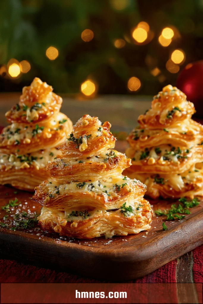 Feuilletés sapins au fromage dorés aux herbes de Provence servis en apéritif de Noël