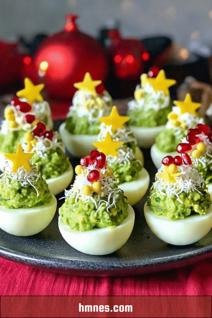 Assiette d’œufs mimosa sapin de Noël à l’avocat décorés de fromage râpé et graines de grenade