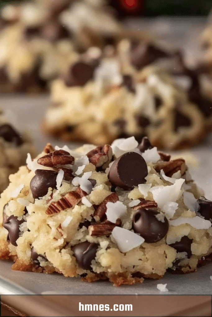 Biscuits de Noël au chocolat, noix de coco et noix de pécan dorés sur une plaque
