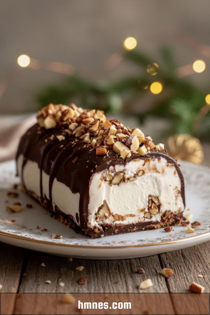 Bûche glacée vanille avec cœur praliné croustillant et glaçage chocolat brillant