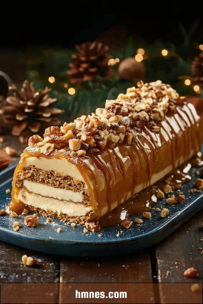 Bûche caramel beurre salé glacée avec éclats croquants et caramel coulant