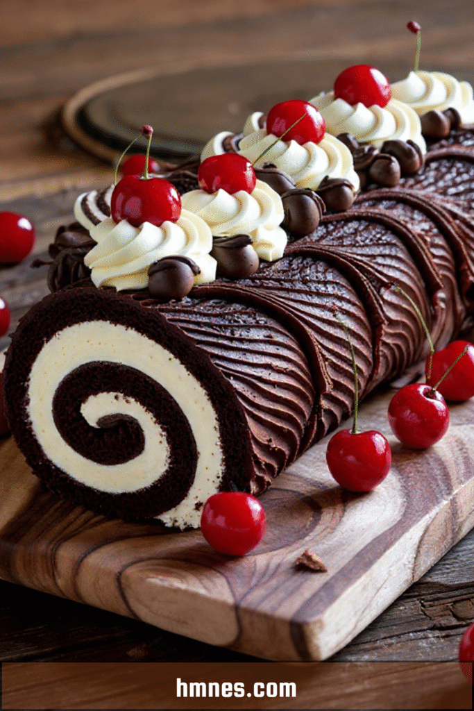 Bûche chocolat cerises garnie de chantilly, cerises et ganache brillante