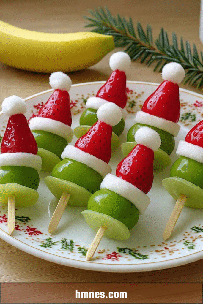 Brochettes Père Noël aux fruits avec fraises, raisins et banane sur un plateau festif