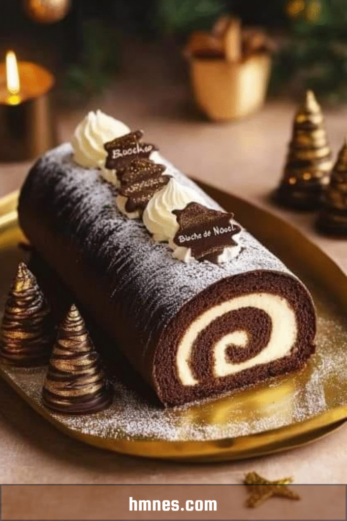 Bûche chocolat mascarpone roulée garnie de crème vanille et recouverte de ganache brillante.