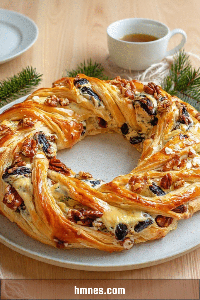 Couronne feuilletée fromage, noix et pruneaux dorée et croustillante sur une plaque