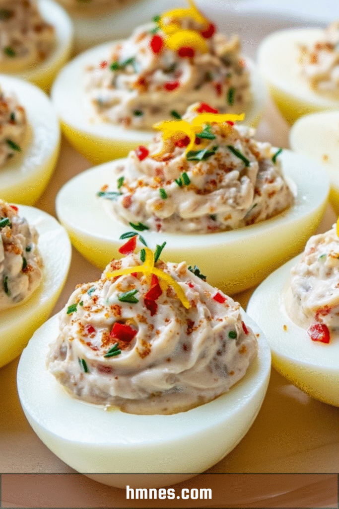 Œufs farcis thon garnis d’herbes fraîches, poivron rouge et zeste de citron