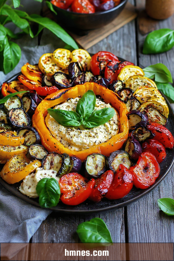 Couronne légumes grillés autour d’un houmous crémeux décoré de basilic