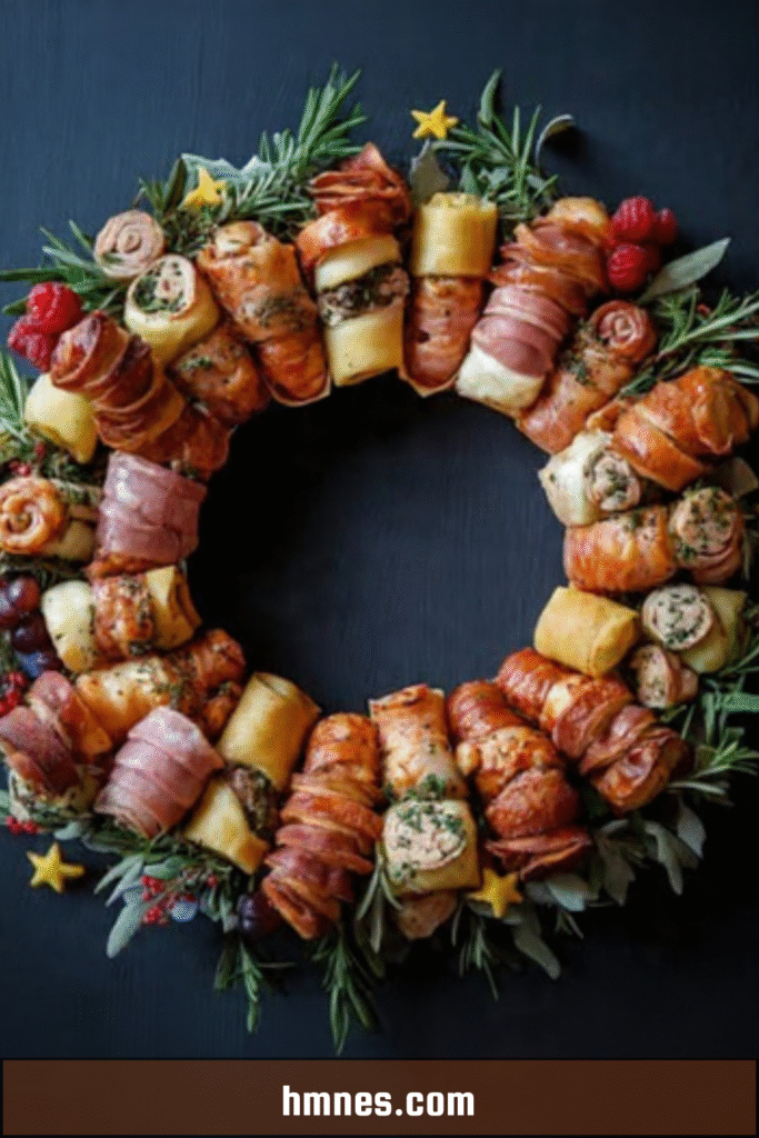 Couronne roulés gourmands composée de bouchées dorées, romarin et fruits rouges