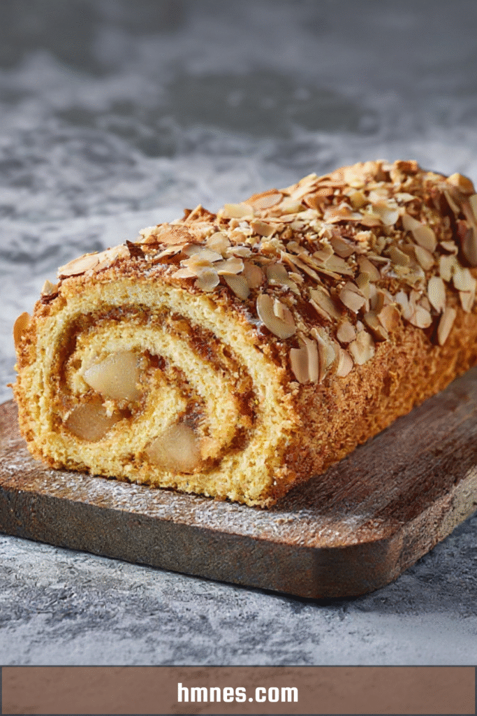 Roulé poire amande garni de crème mascarpone et amandes effilées