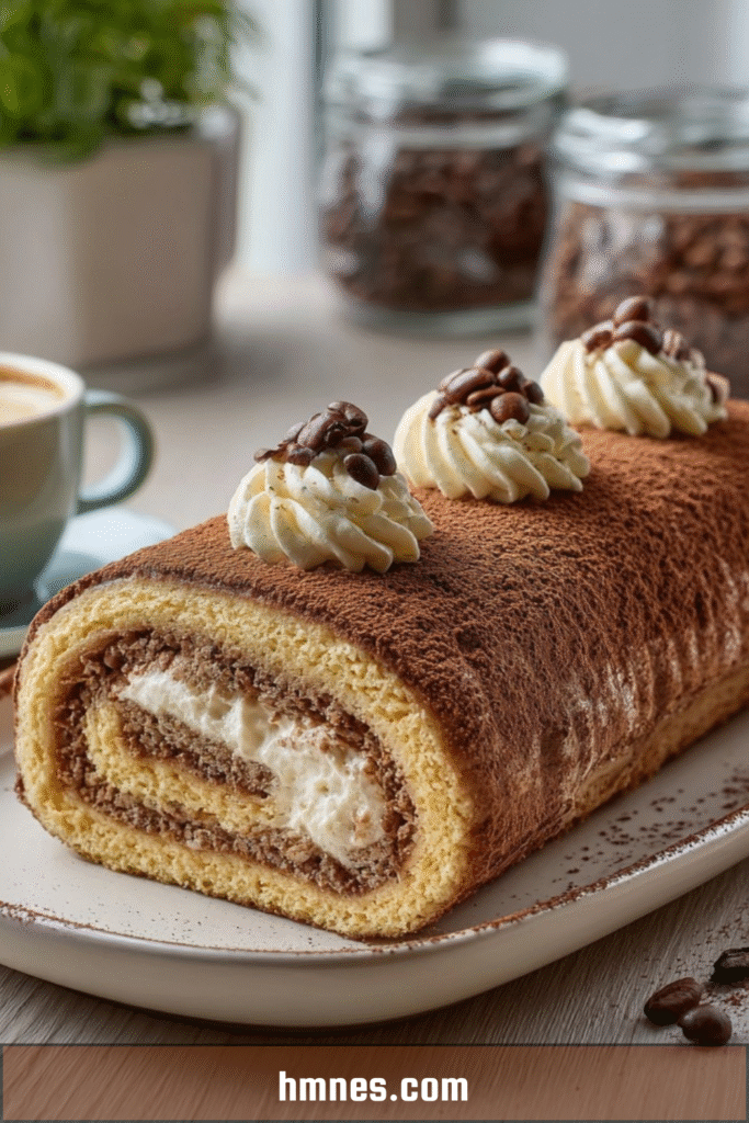 Roulé tiramisu café au mascarpone, saupoudré de cacao et décoré de grains de café