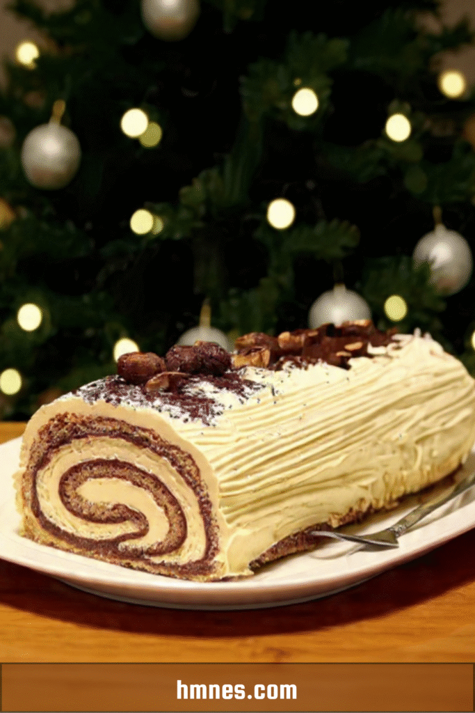 Bûche tiramisu Noël roulée, saupoudrée de cacao et décorée de grains de café