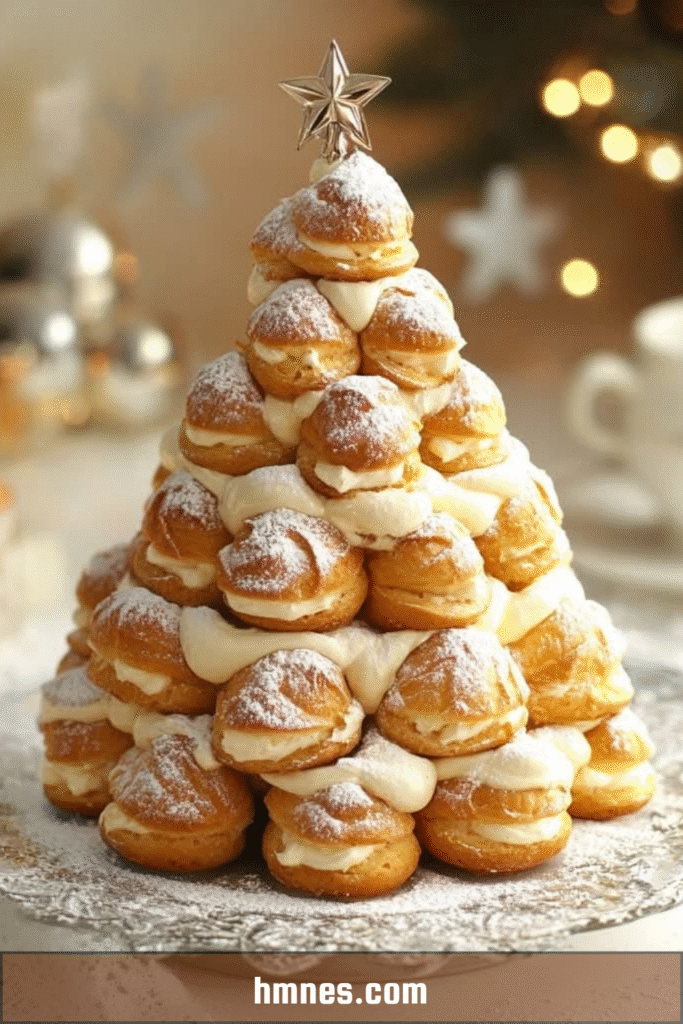 Sapin de Noël profiteroles monté en pyramide de choux garnis et décoré de chocolat et sucre glace.