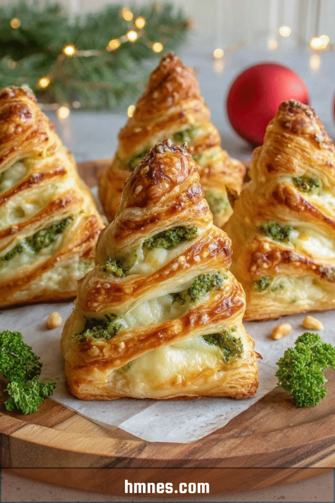 Sapins feuilletés brocoli garnis de pesto, mozzarella fondante et pignons de pin dorés