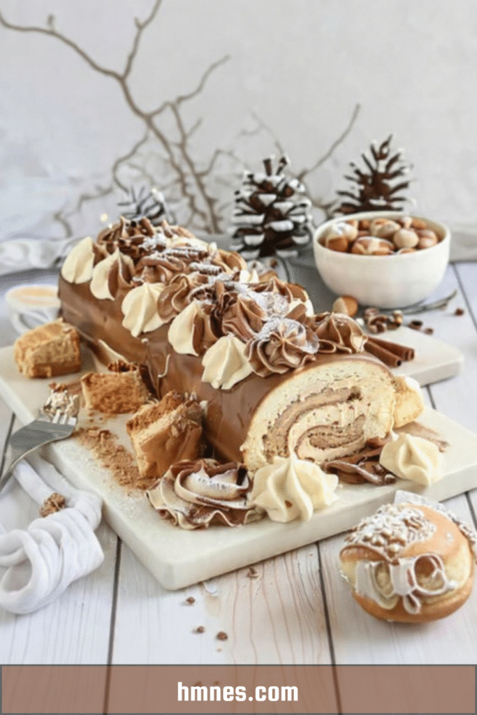 Bûche café Noël roulée, poudrée de cacao, décorée de grains de café