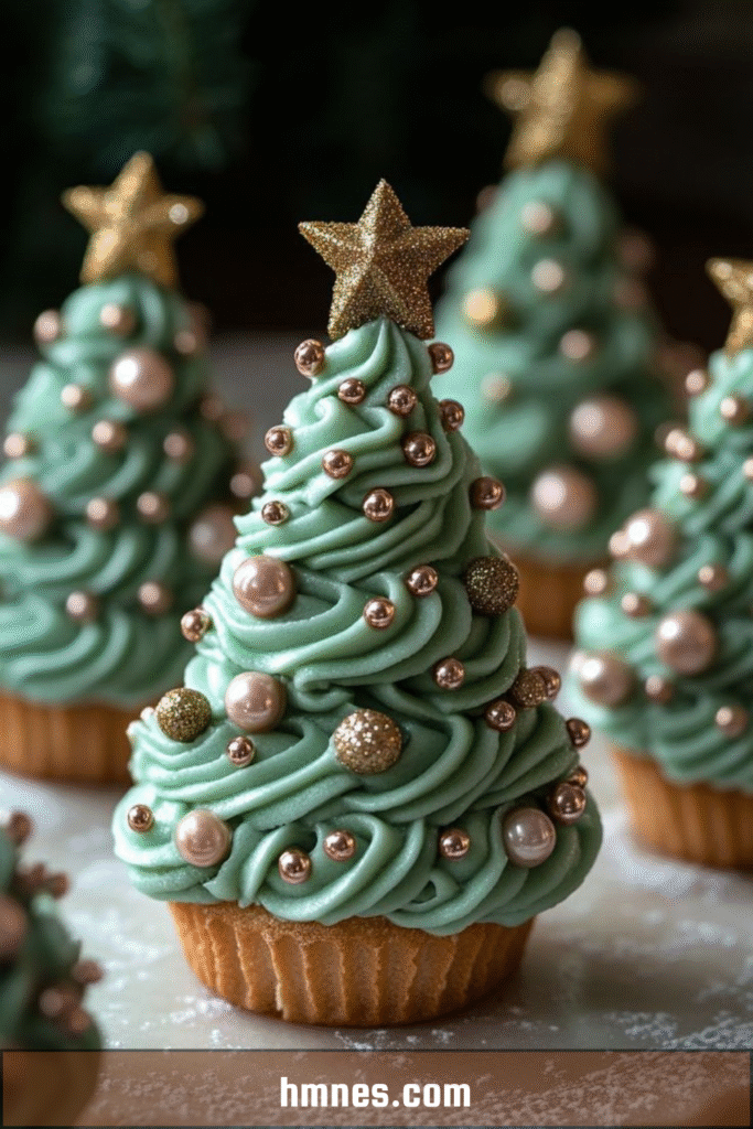 Cupcakes sapin de Noël décorés avec un glaçage vert en forme de sapin et des perles de sucre brillantes.