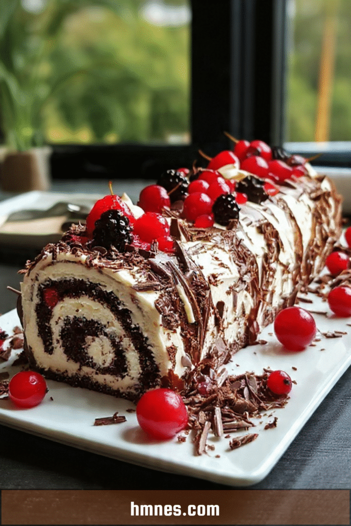 Gâteau roulé Forêt-Noire décoré de copeaux de chocolat et de cerises, tranché en parts sur un plat de service pour un dessert de fête élégant.