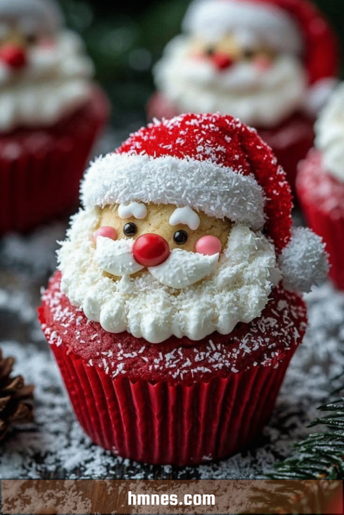 Cupcakes Père Noël décorés avec glaçage blanc, bonnet rouge et barbe en crème, recette Cupcakes Père Noël.