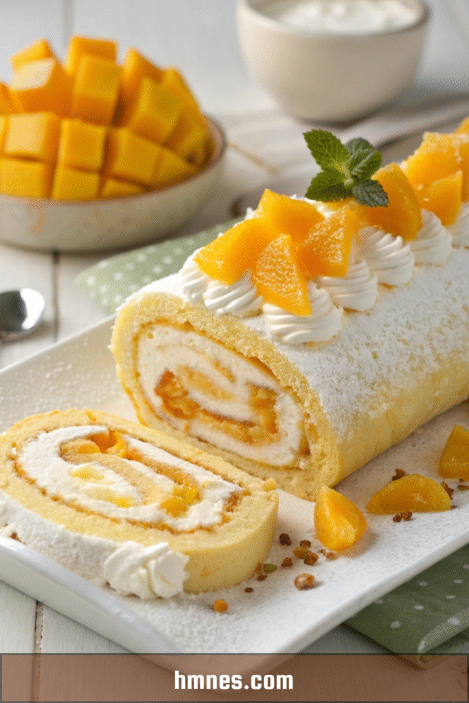 Roulé mangue mascarpone tranché, montrant une spirale de biscuit doré et de crème à la mangue, décoré de morceaux de mangue fraîche sur un plat de service.