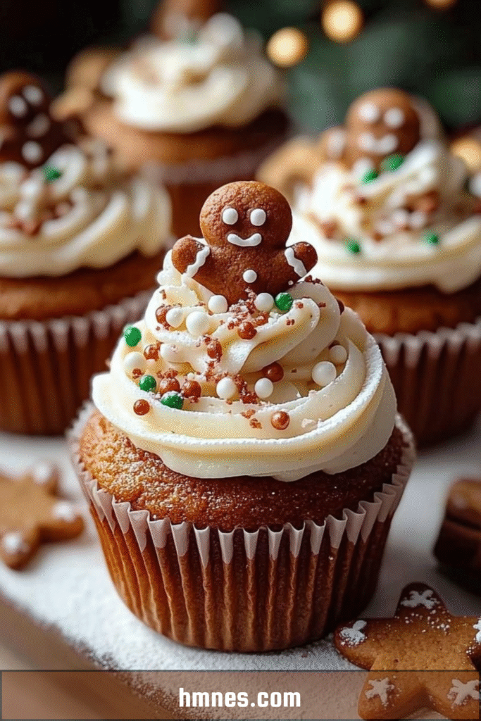 Cupcakes pain d’épices décorés avec un glaçage cream cheese et des décorations de Noël.