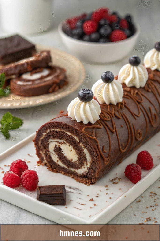 Roulé chocolat chantilly tranché, montrant une spirale de biscuit au cacao et de chantilly blanche, posé sur un plat de service avec saupoudrage de cacao.