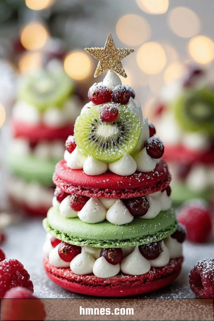 Sapins de Noël en macarons empilés, garnis de buttercream, de groseilles rouges, de kiwi et saupoudrés de sucre glace sur un plateau de fête.