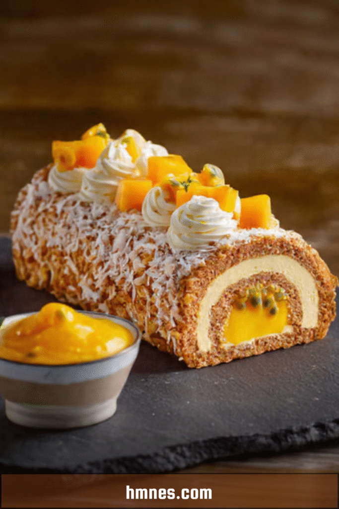 Bûche mangue passion coco, dessert exotique de Noël tropical