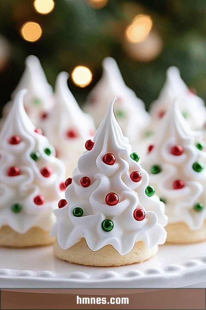 meringues de Noël en forme de sapins verts décorés