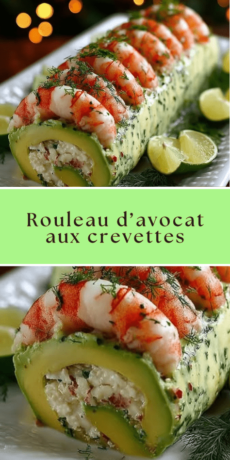 Rouleau d’avocat aux crevettes tranché en rondelles, garni de fromage frais et d’aneth, présenté sur un plat de service en entrée froide raffinée.