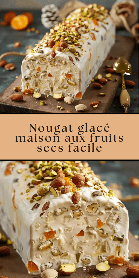 Tranche de nougat glacé maison aux fruits secs, parsemée d’amandes caramélisées, pistaches et abricots, servie avec un coulis de fruits rouges sur une assiette de fête.