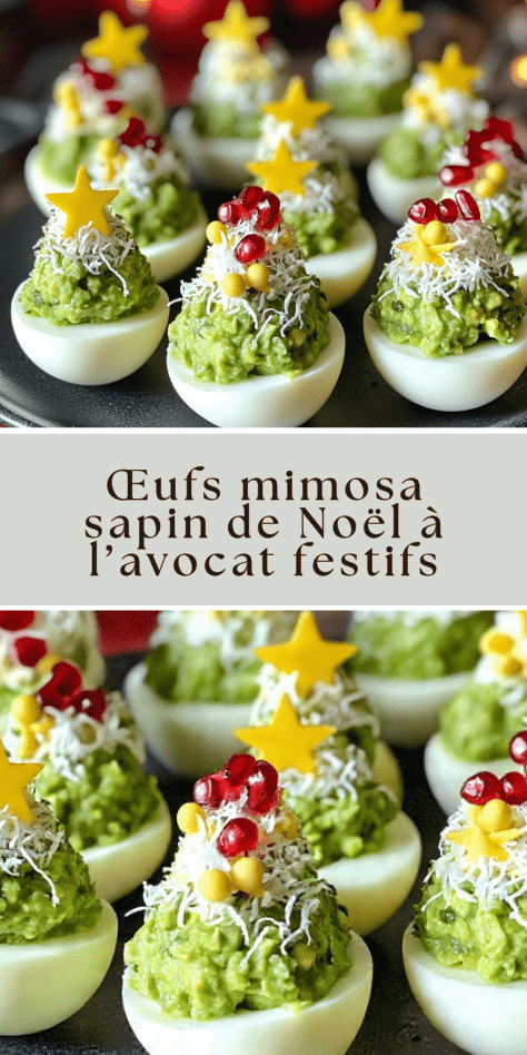 Assiette d’œufs mimosa sapin de Noël à l’avocat décorés de fromage râpé et graines de grenade
