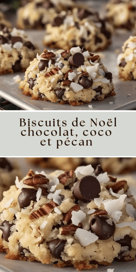 Biscuits de Noël au chocolat, noix de coco et noix de pécan dorés sur une plaque